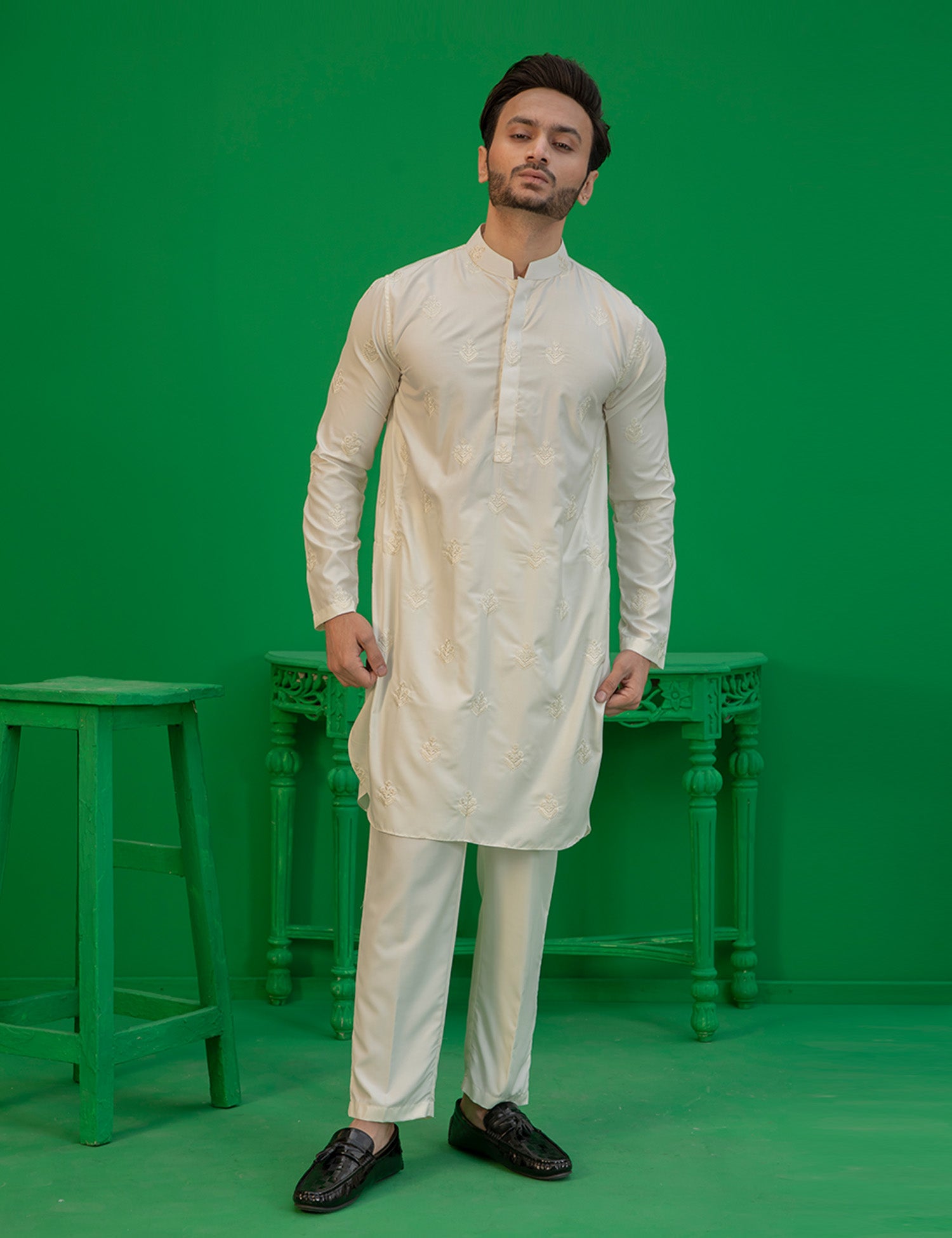 Off-White Embroidered Wash N Wear Kurta (2-Piece) - Image 1