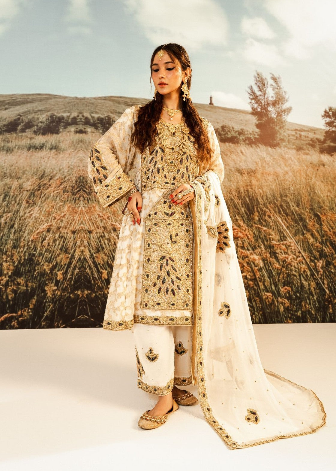 Cream Embroidered Jamawar Short Frock (3-Piece) - Image 1