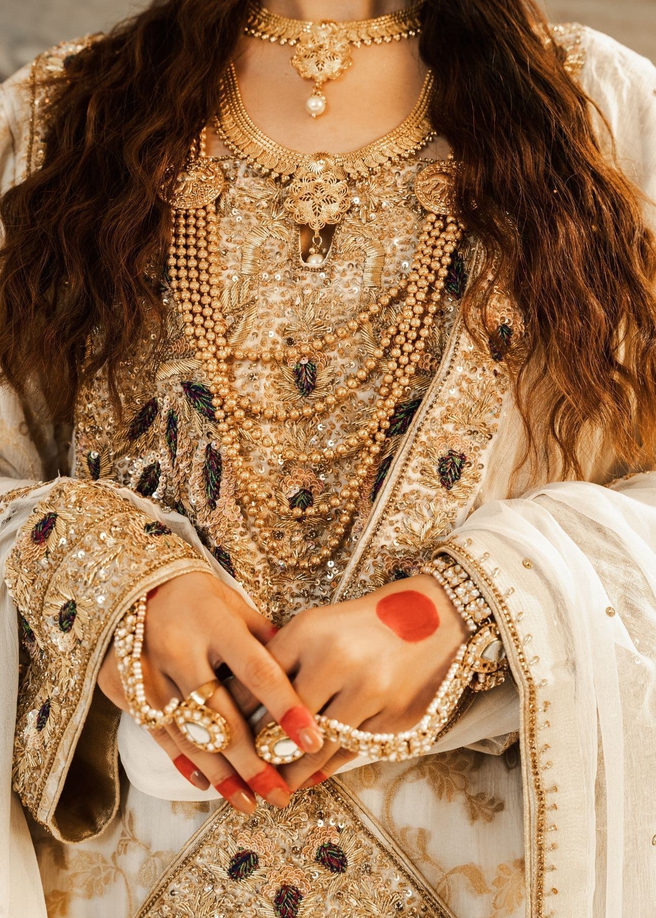 Cream Embroidered Jamawar Short Frock (3-Piece) - Image 2