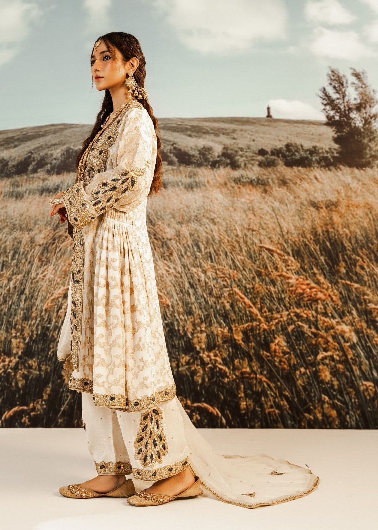 Cream Embroidered Jamawar Short Frock (3-Piece) - Image 3