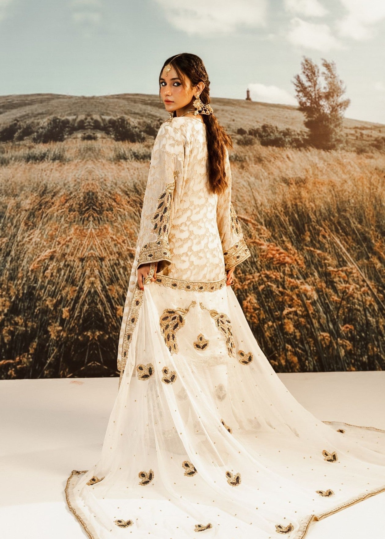 Cream Embroidered Jamawar Short Frock (3-Piece) - Image 4