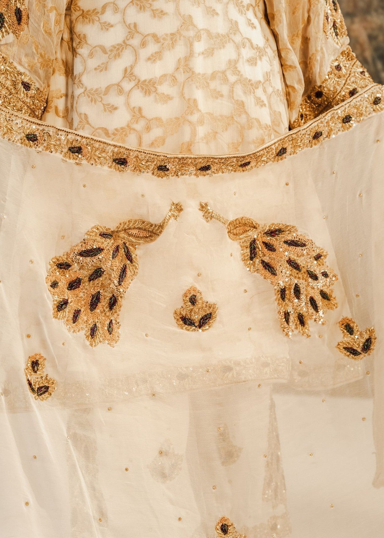 Cream Embroidered Jamawar Short Frock (3-Piece) - Image 6