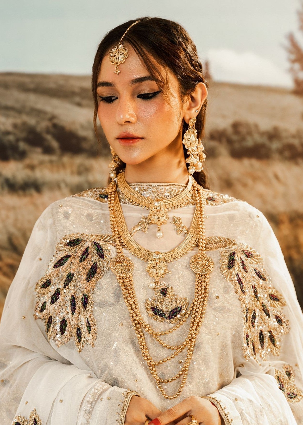 Cream Embroidered Jamawar Short Frock (3-Piece) - Image 7