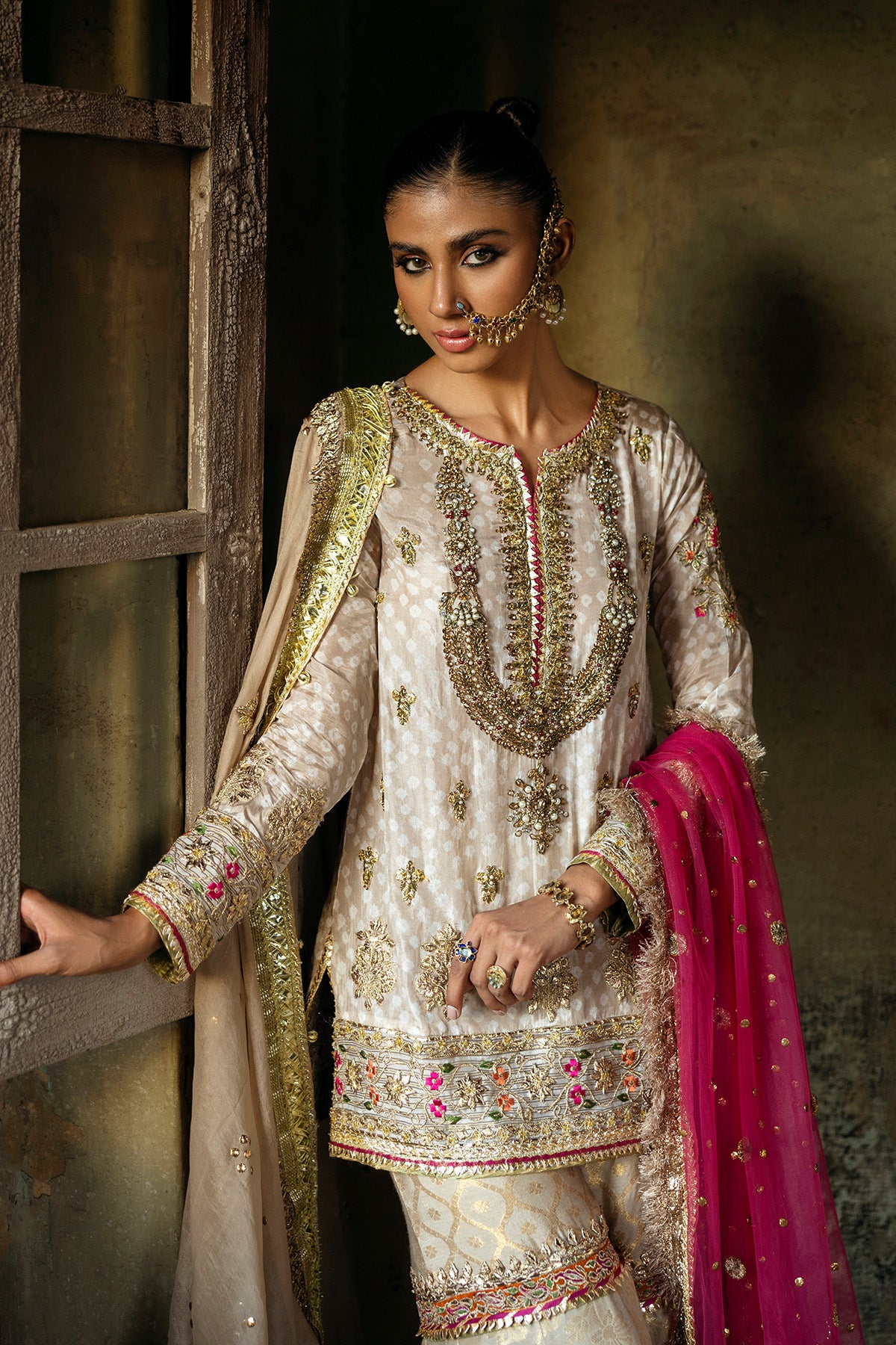 Pakistani Ivory Zardozi Silk-Blend Gharara Dress (3-Piece) - Image 1