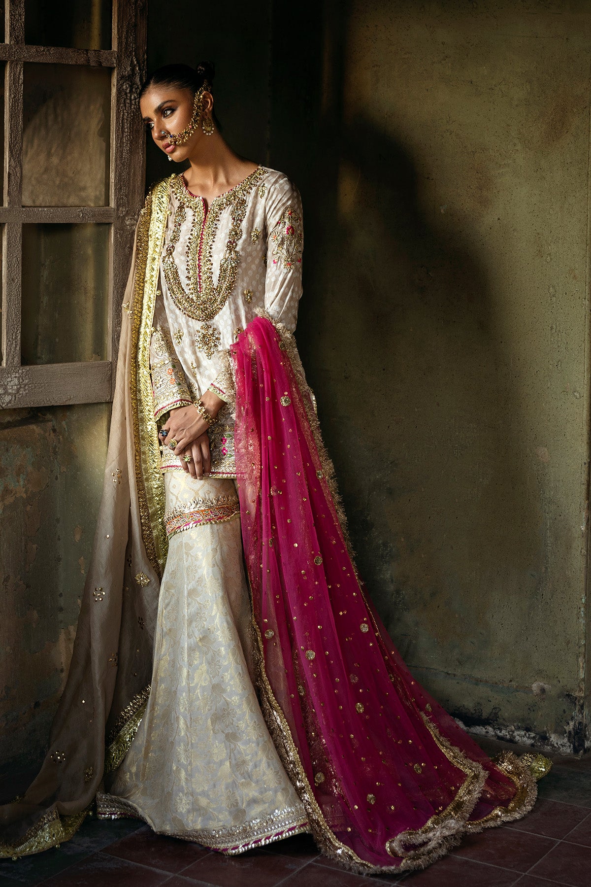 Pakistani Ivory Zardozi Silk-Blend Gharara Dress (3-Piece) - Image 2