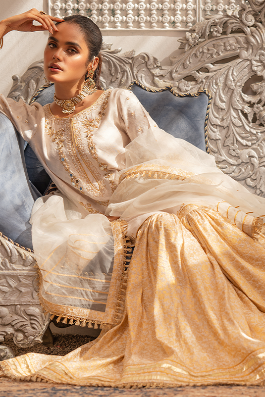 Ivory Mirror Embroidered Jacquard Gharara (3-Piece) - Image 4