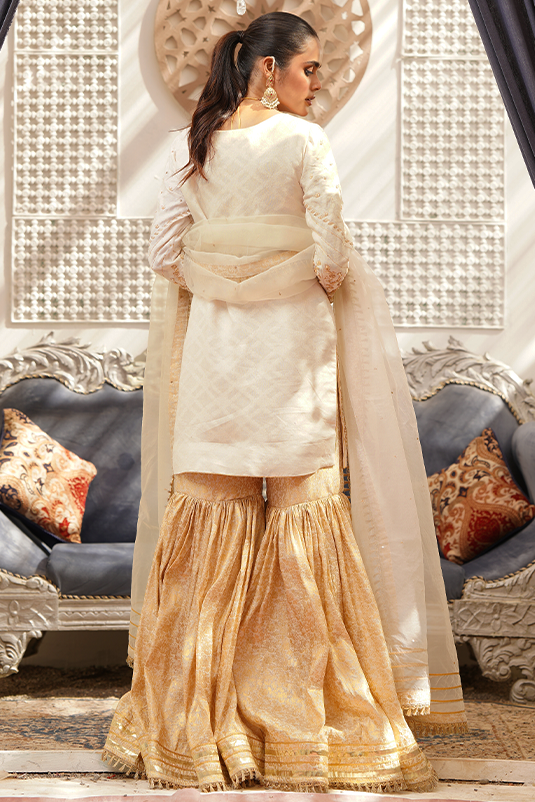 Ivory Mirror Embroidered Jacquard Gharara (3-Piece) - Image 6