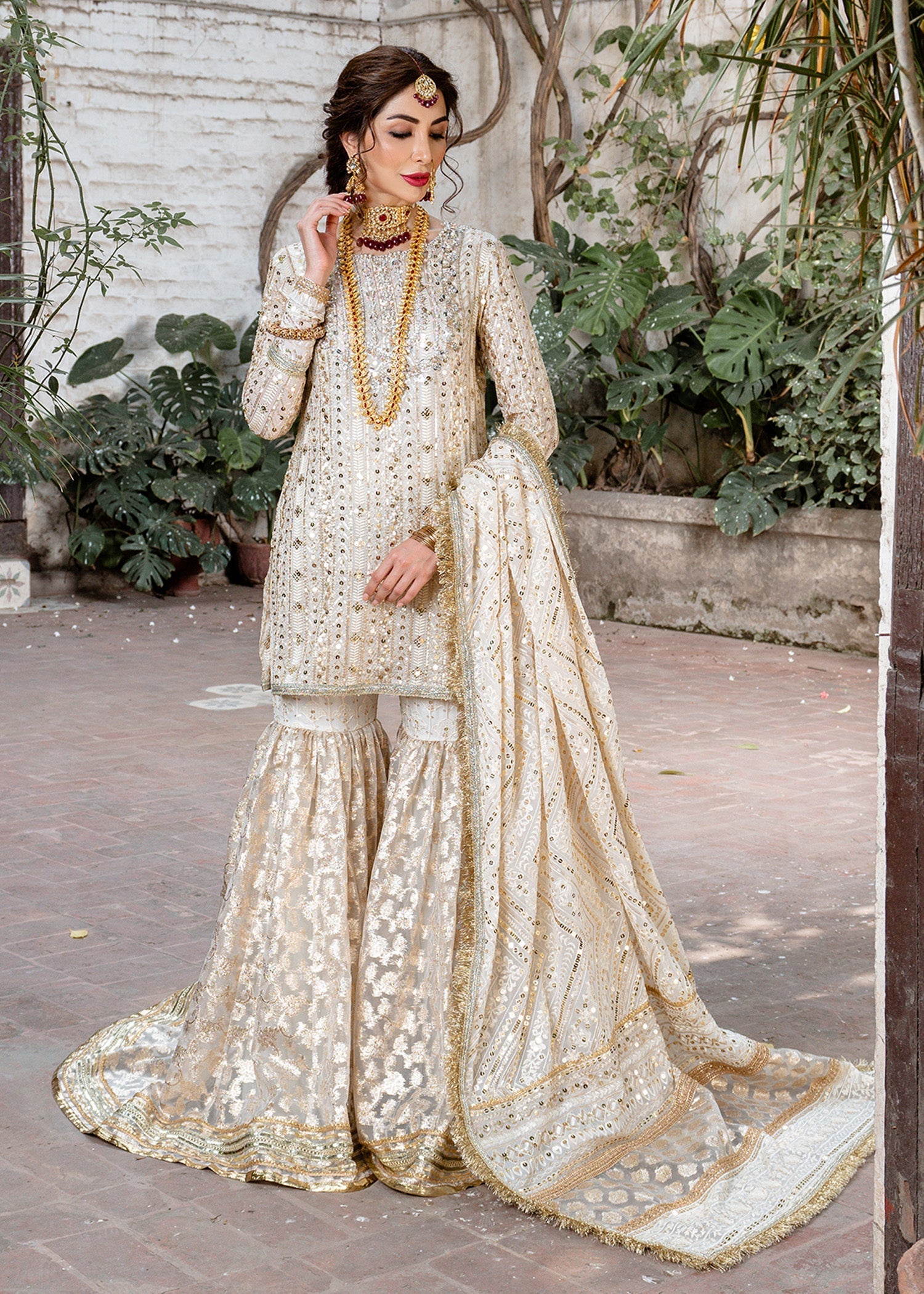 Off-White Embellished Chicken Kari & Badla Gharara (4-Piece) - Image 1