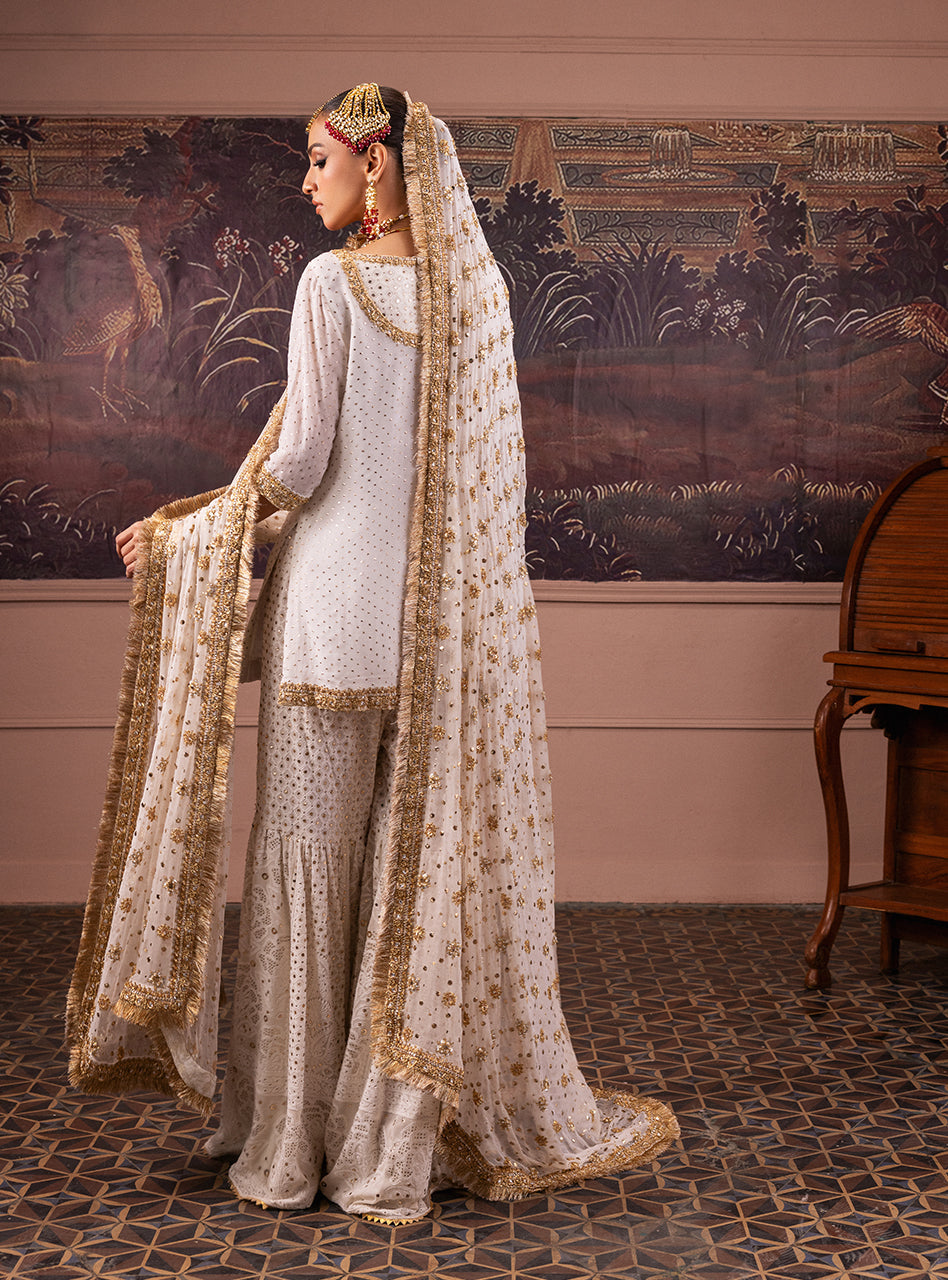 Ivory & Red Embroidered Chiffon Chikankari Bridal Gharara (3-Piece) - Image 10