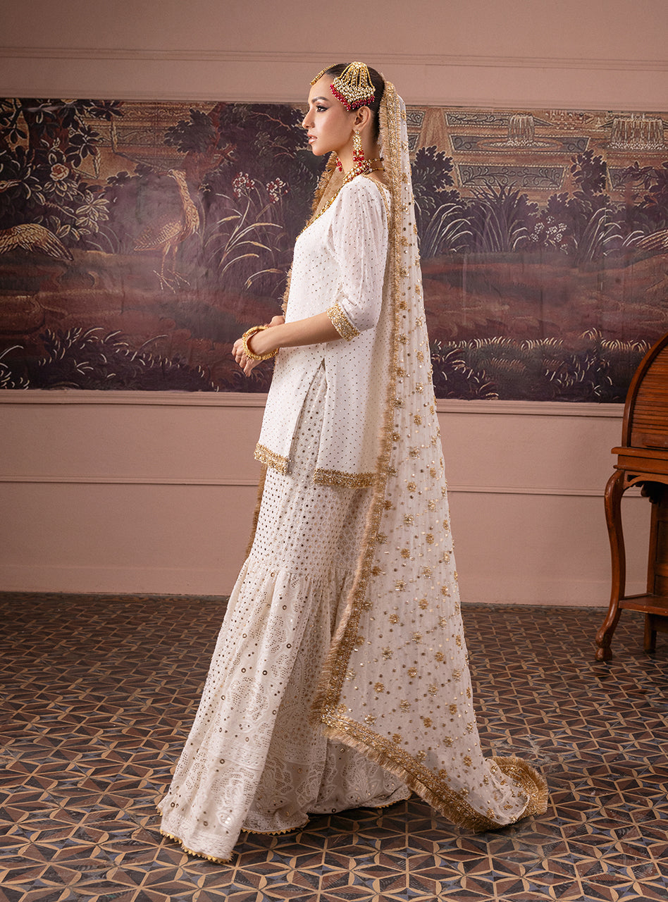 Ivory & Red Embroidered Chiffon Chikankari Bridal Gharara (3-Piece) - Image 13