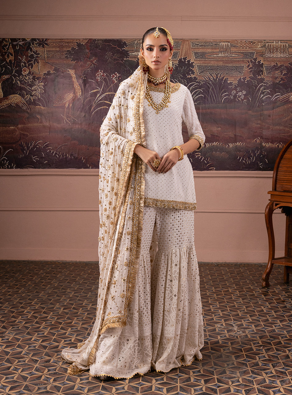 Ivory & Red Embroidered Chiffon Chikankari Bridal Gharara (3-Piece) - Image 14
