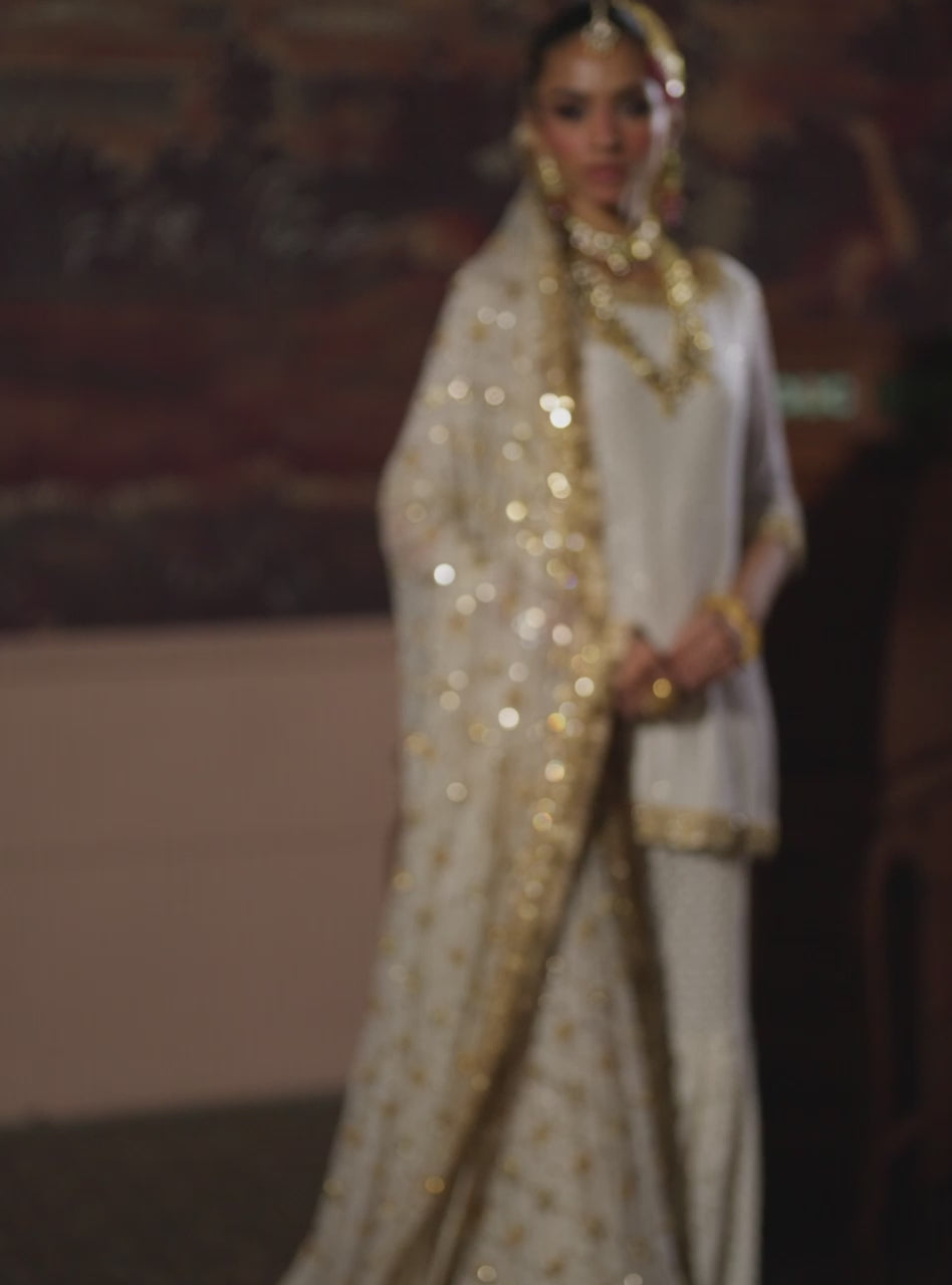 Ivory & Red Embroidered Chiffon Chikankari Bridal Gharara (3-Piece) - Image 15