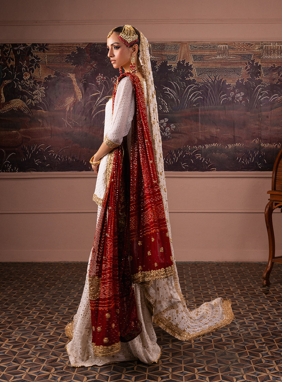 Ivory & Red Embroidered Chiffon Chikankari Bridal Gharara (3-Piece) - Image 6