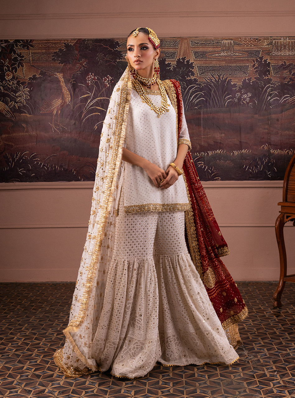 Ivory & Red Embroidered Chiffon Chikankari Bridal Gharara (3-Piece) - Image 7