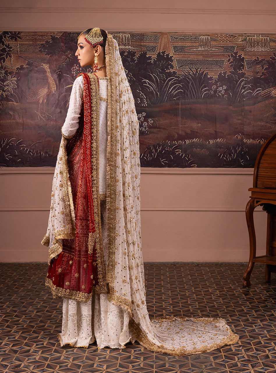 Ivory & Red Embroidered Chiffon Chikankari Bridal Gharara (3-Piece) - Image 8