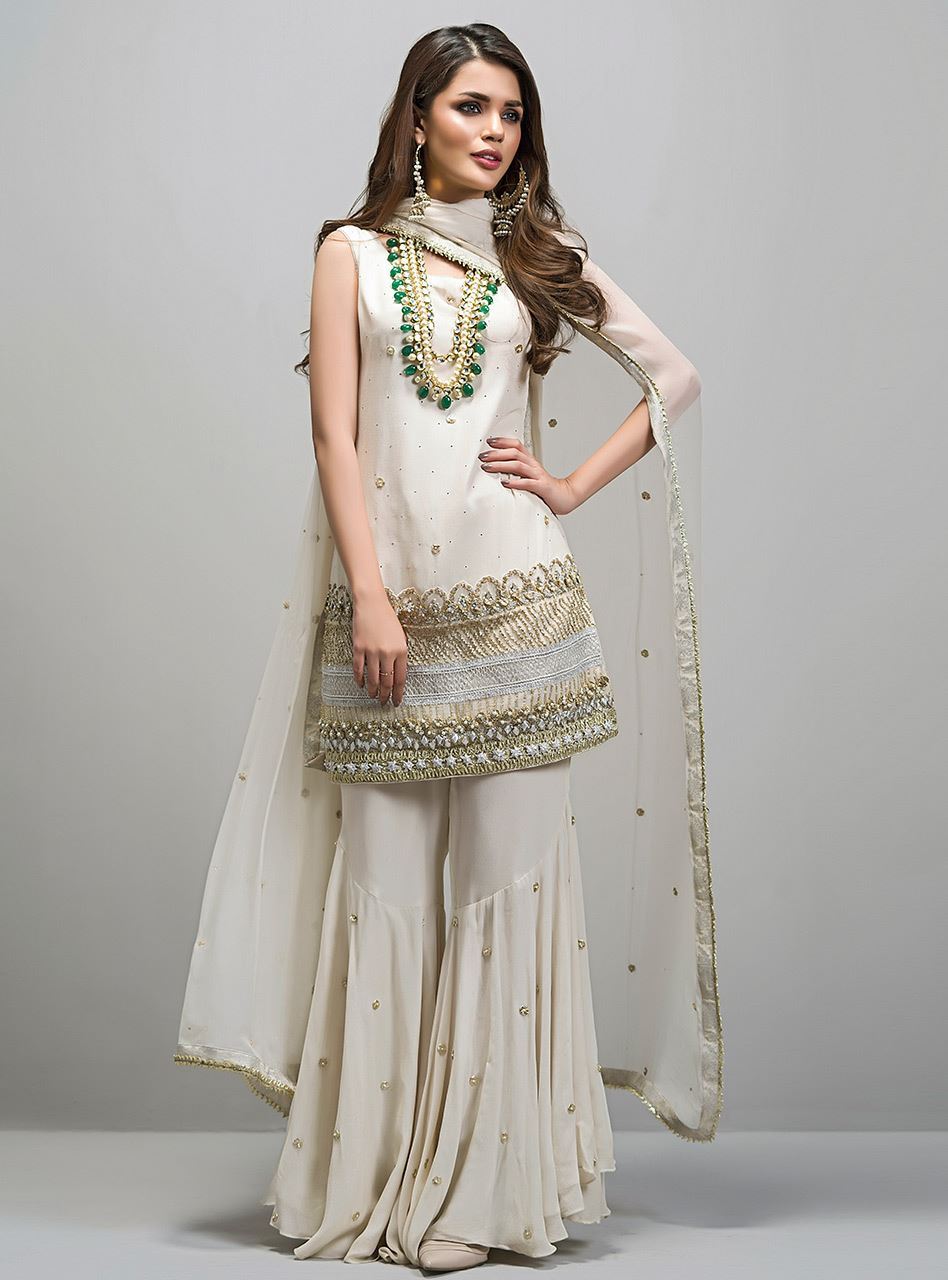 Pakistani Ivory Gota Embellished Chiffon Gharara (3-Piece) - Image 1
