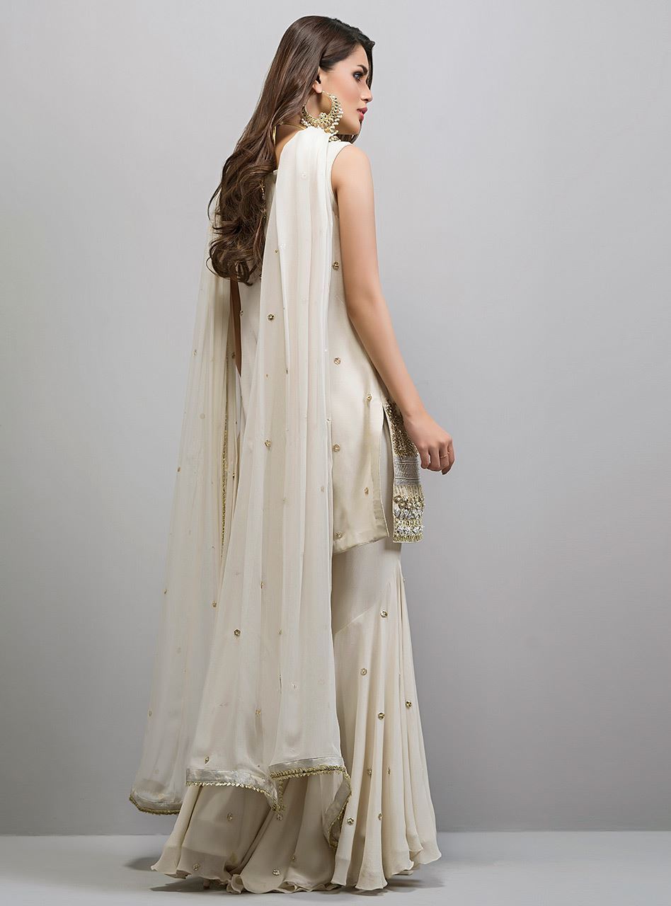 Pakistani Ivory Gota Embellished Chiffon Gharara (3-Piece) - Image 2