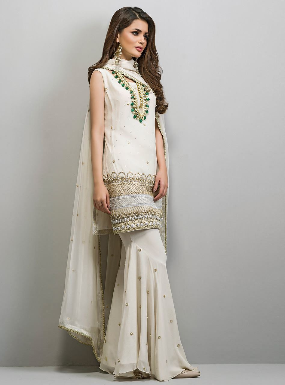 Ivory Gota Embellished Chiffon Gharara (3-Piece) - Image 3
