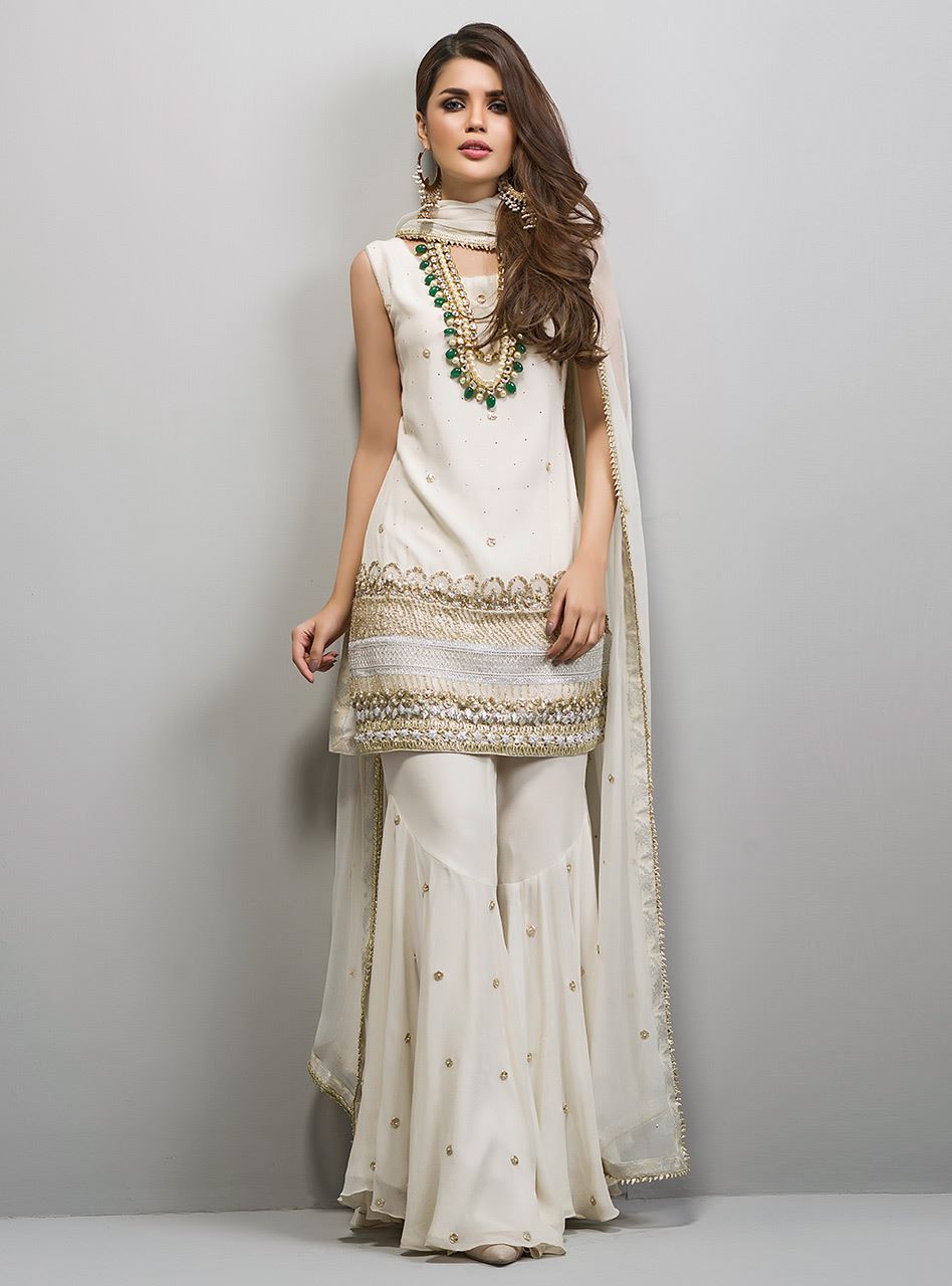 Ivory Gota Embellished Chiffon Gharara (3-Piece) - Image 4