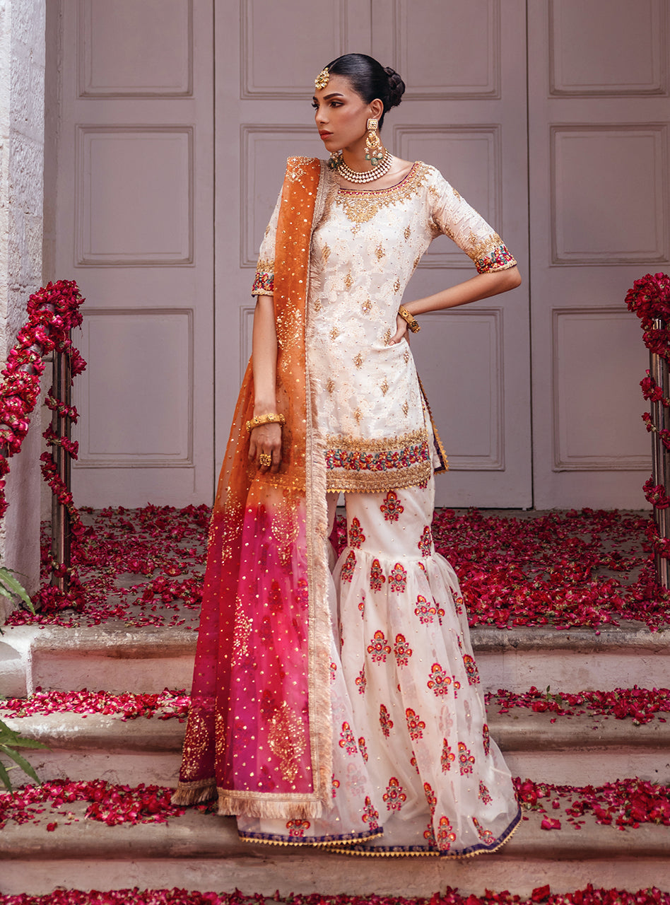 Off-White Embroidered Chiffon Kurta with Organza Gharara (3-Piece) - Image 1