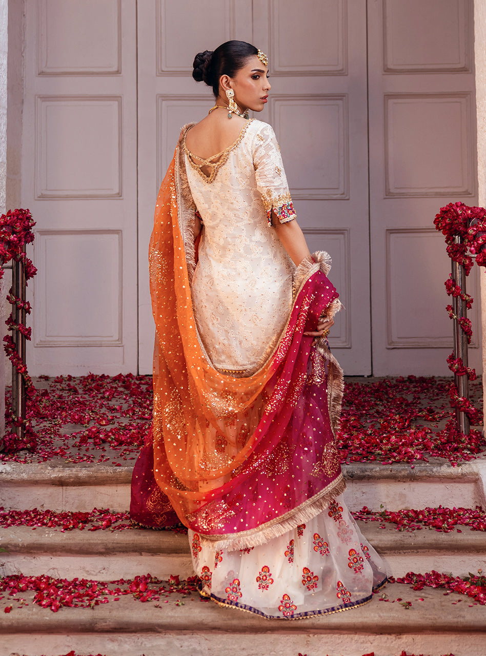 Off-White Embroidered Chiffon Kurta with Organza Gharara (3-Piece) - Image 10