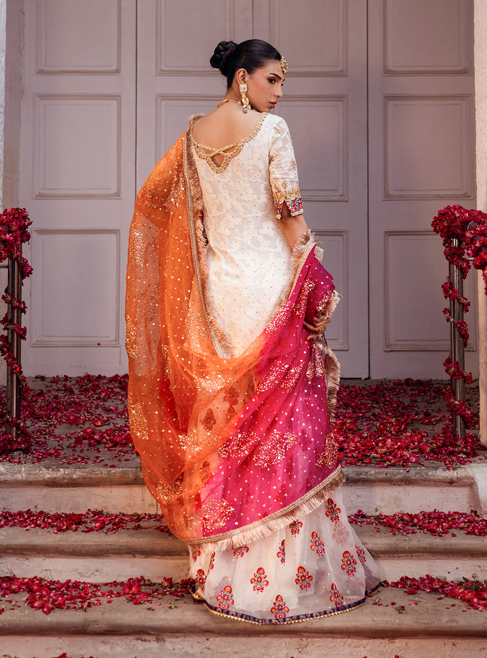 Off-White Embroidered Chiffon Kurta with Organza Gharara (3-Piece) - Image 2