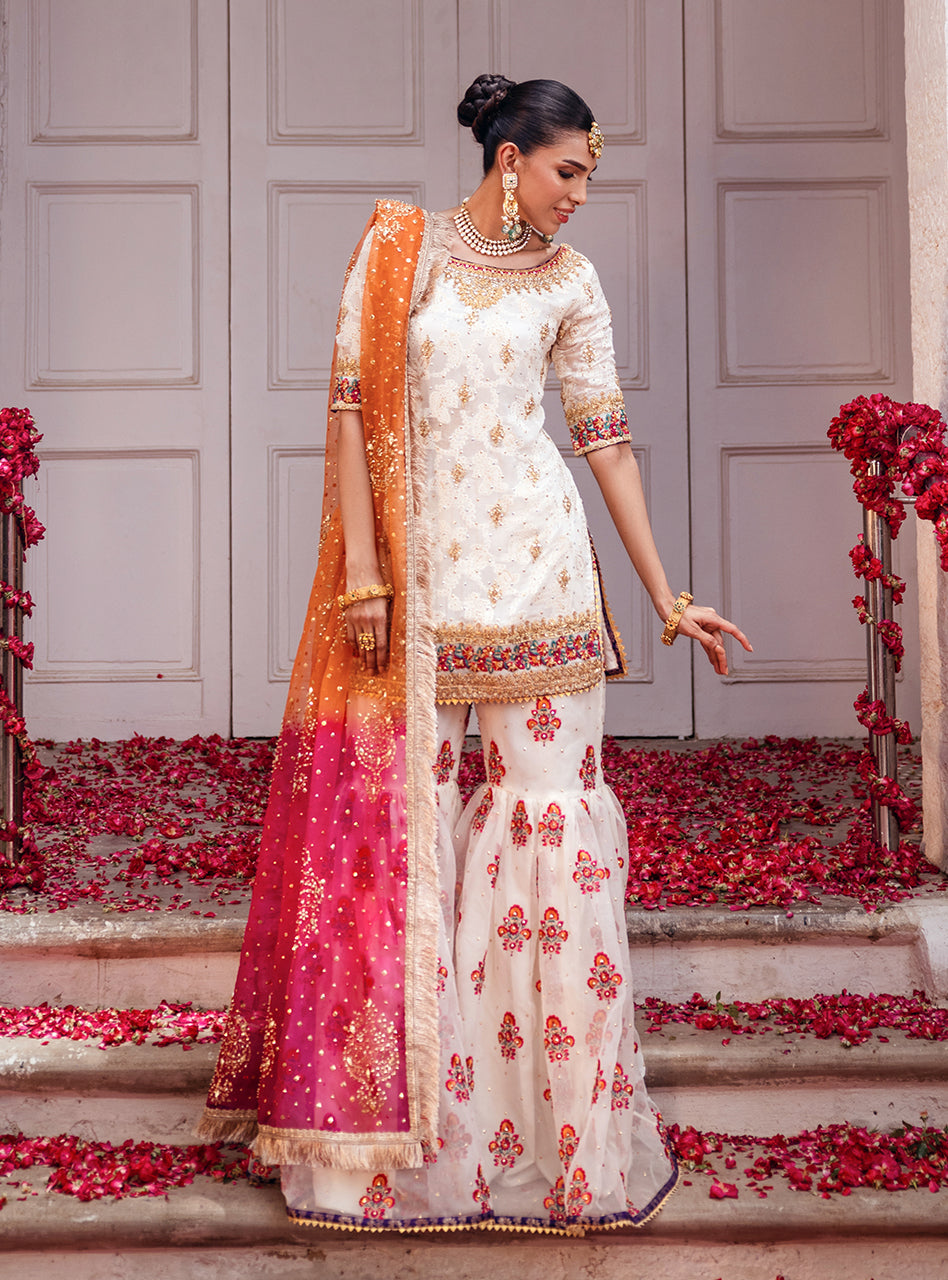 Off-White Embroidered Chiffon Kurta with Organza Gharara (3-Piece) - Image 3