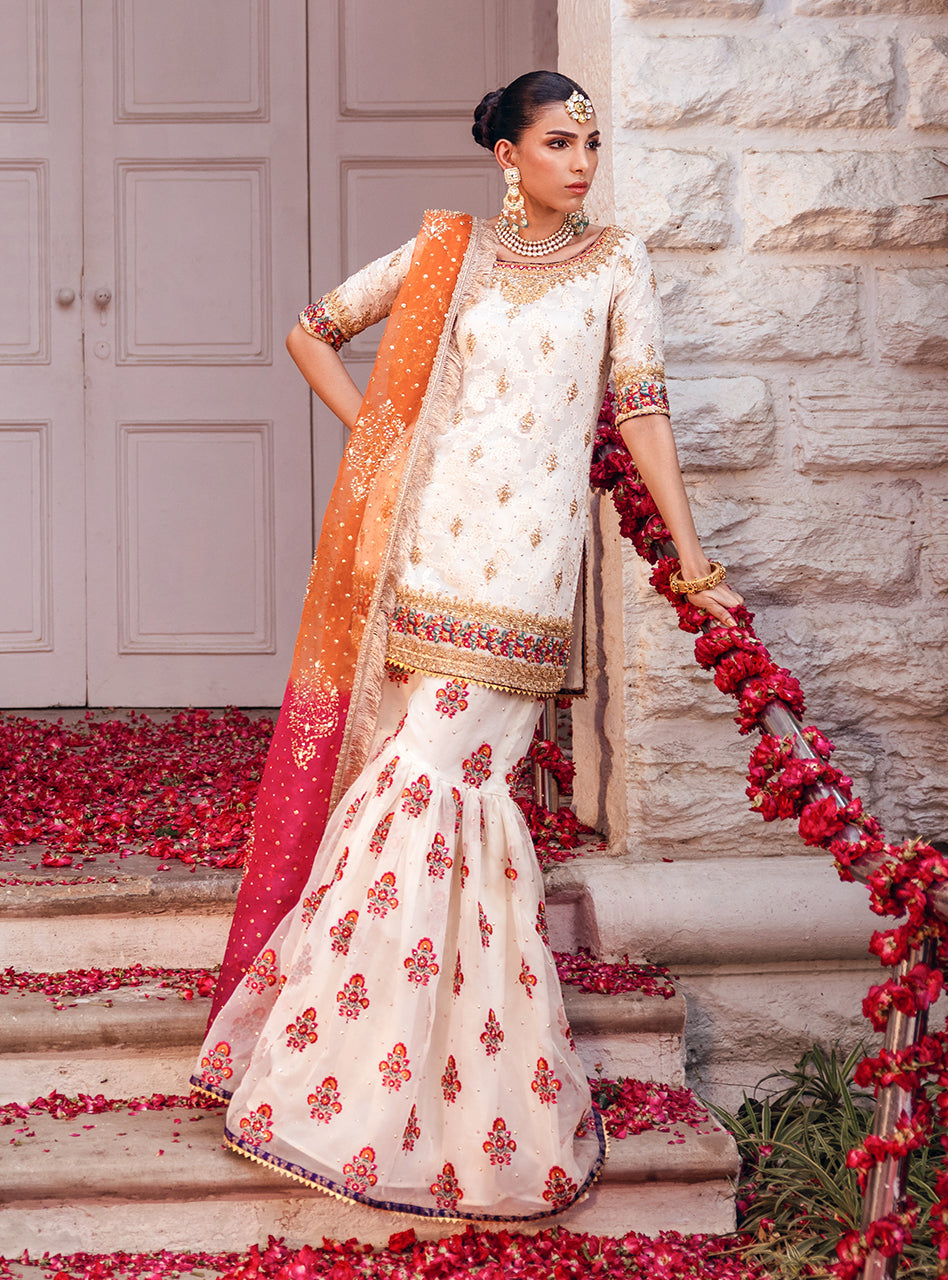 Off-White Embroidered Chiffon Kurta with Organza Gharara (3-Piece) - Image 4