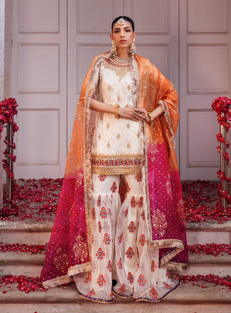 Off-White Embroidered Chiffon Kurta with Organza Gharara (3-Piece) - Image 5