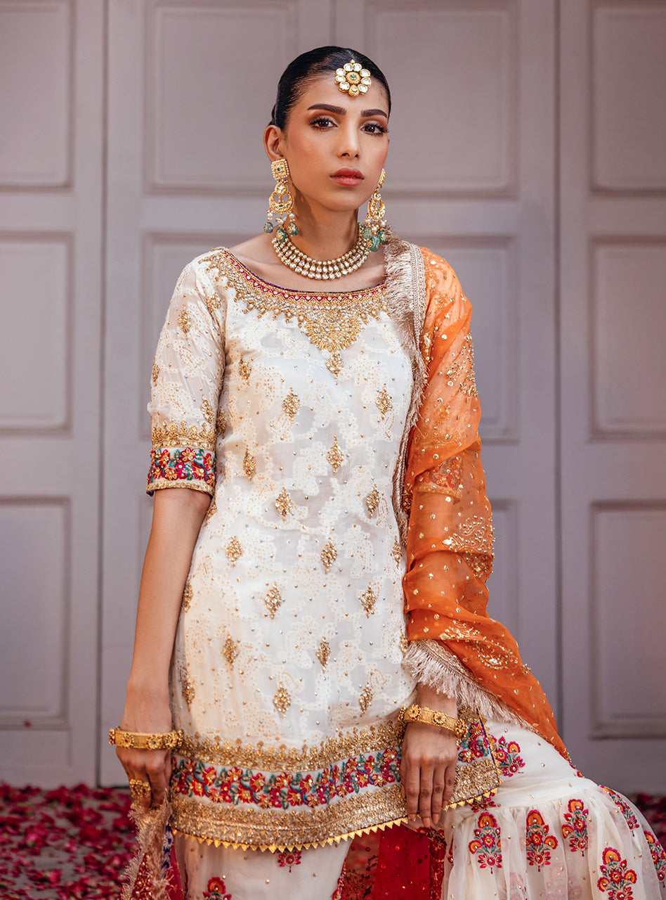 Off-White Embroidered Chiffon Kurta with Organza Gharara (3-Piece) - Image 6