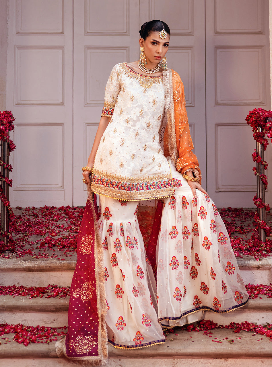 Off-White Embroidered Chiffon Kurta with Organza Gharara (3-Piece) - Image 7