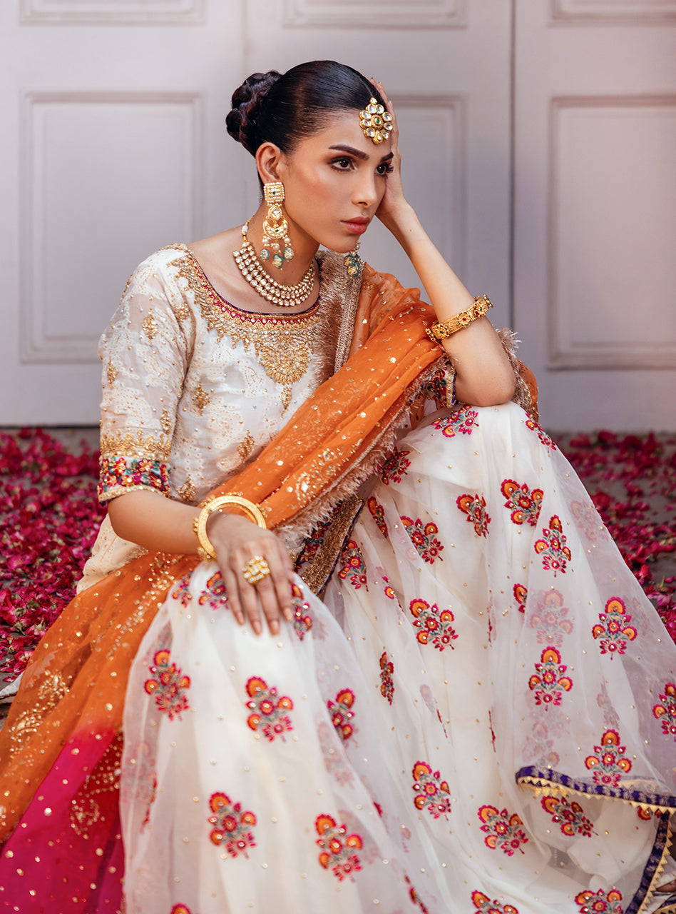 Off-White Embroidered Chiffon Kurta with Organza Gharara (3-Piece) - Image 8