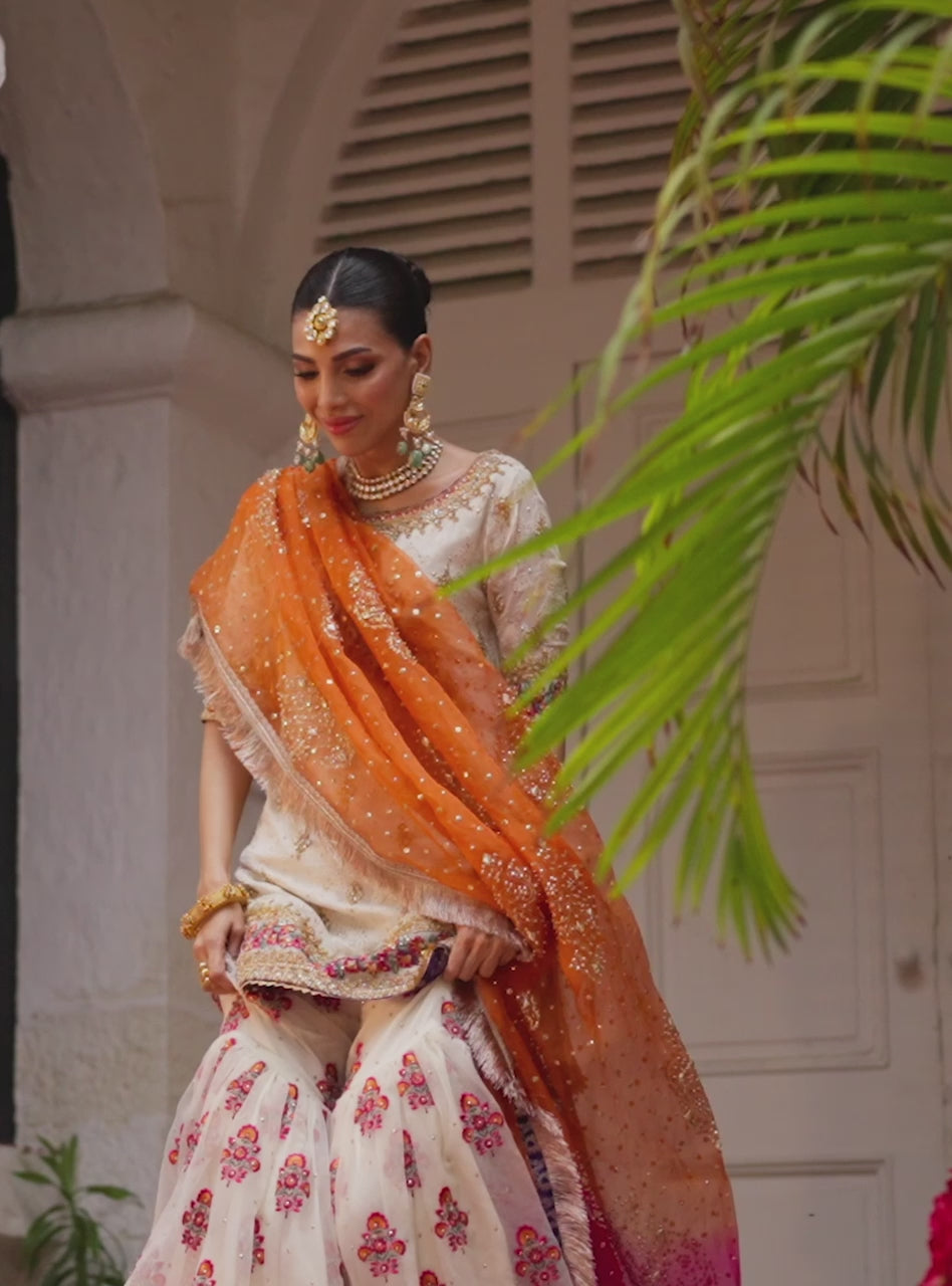 Off-White Embroidered Chiffon Kurta with Organza Gharara (3-Piece) - Image 9