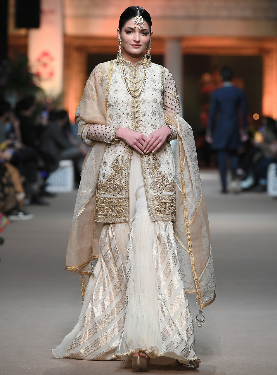 Ivory Mukesh-Embroidered Chiffon Jacket Gharara (3-Piece) - Image 1