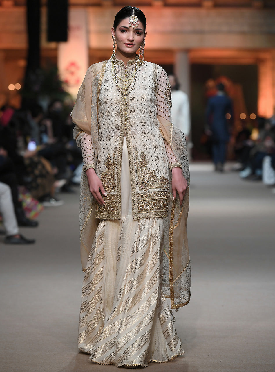 Ivory Mukesh-Embroidered Chiffon Jacket Gharara (3-Piece) - Image 2
