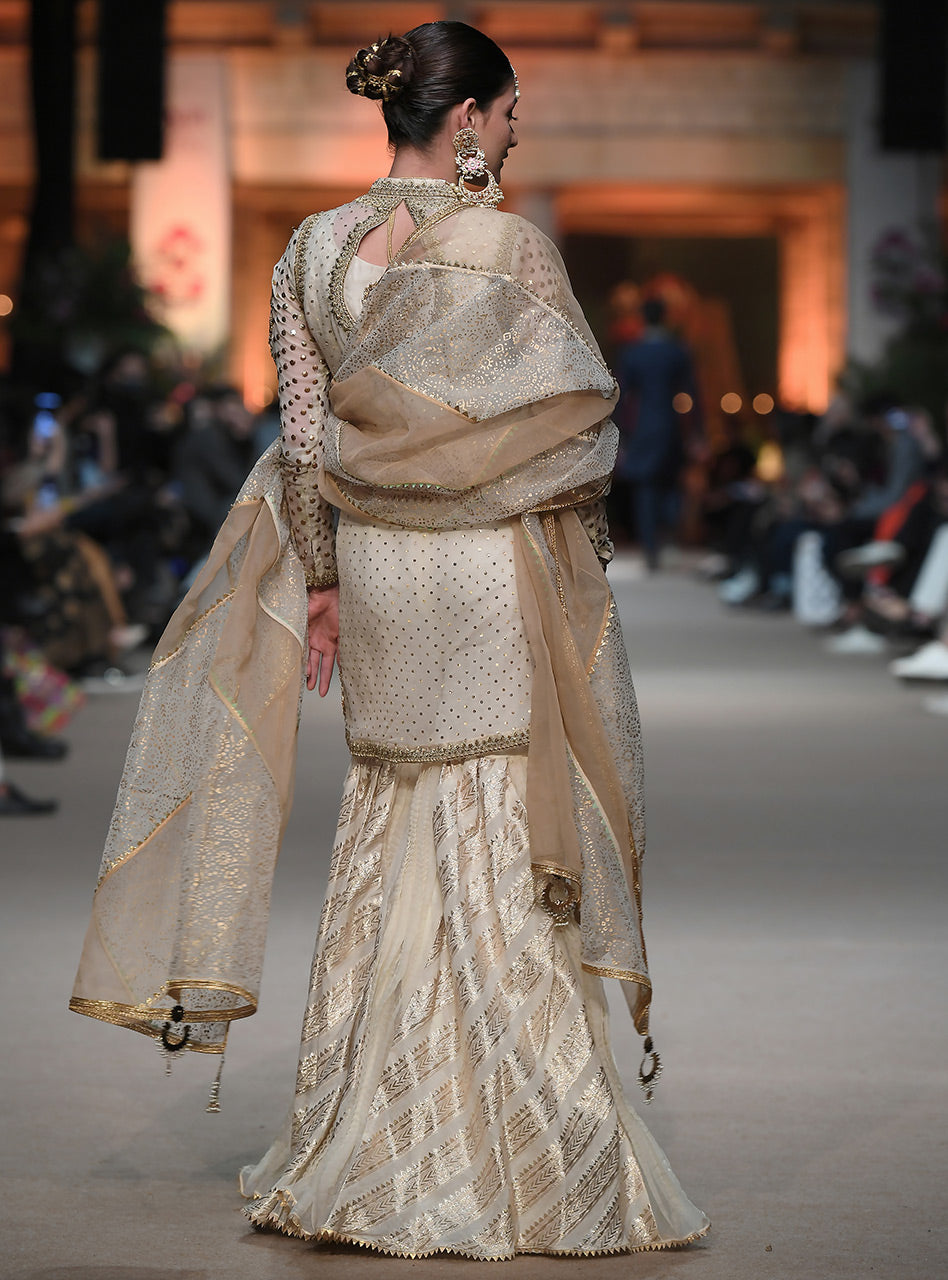 Ivory Mukesh-Embroidered Chiffon Jacket Gharara (3-Piece) - Image 3