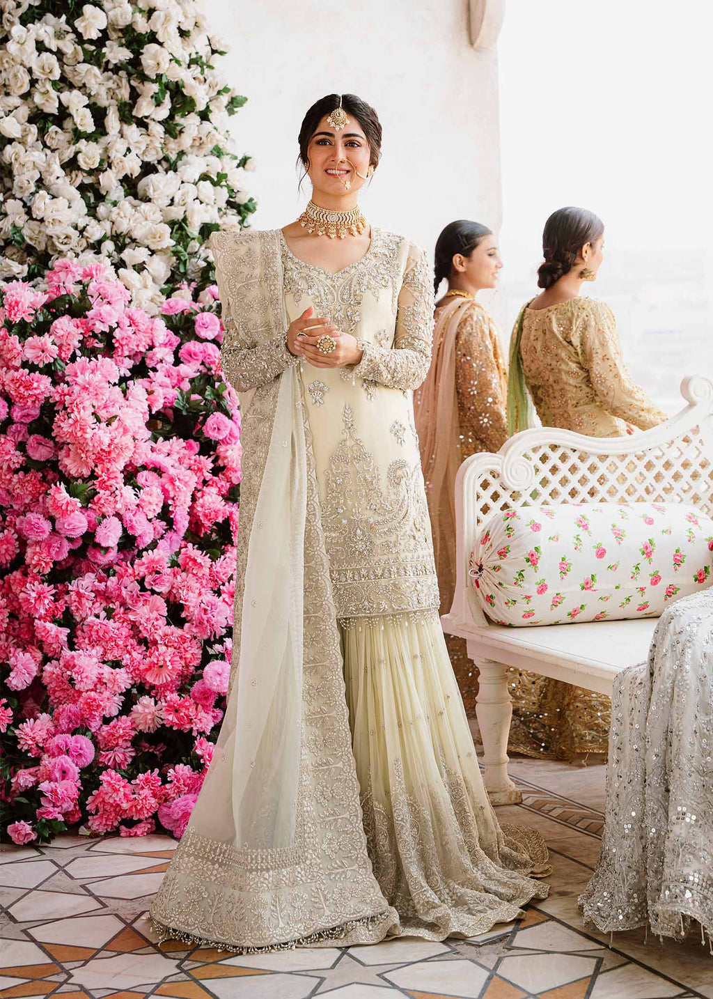 Ivory Hand-Embellished Chiffon & Organza Gharara (3-Piece) - Image 1