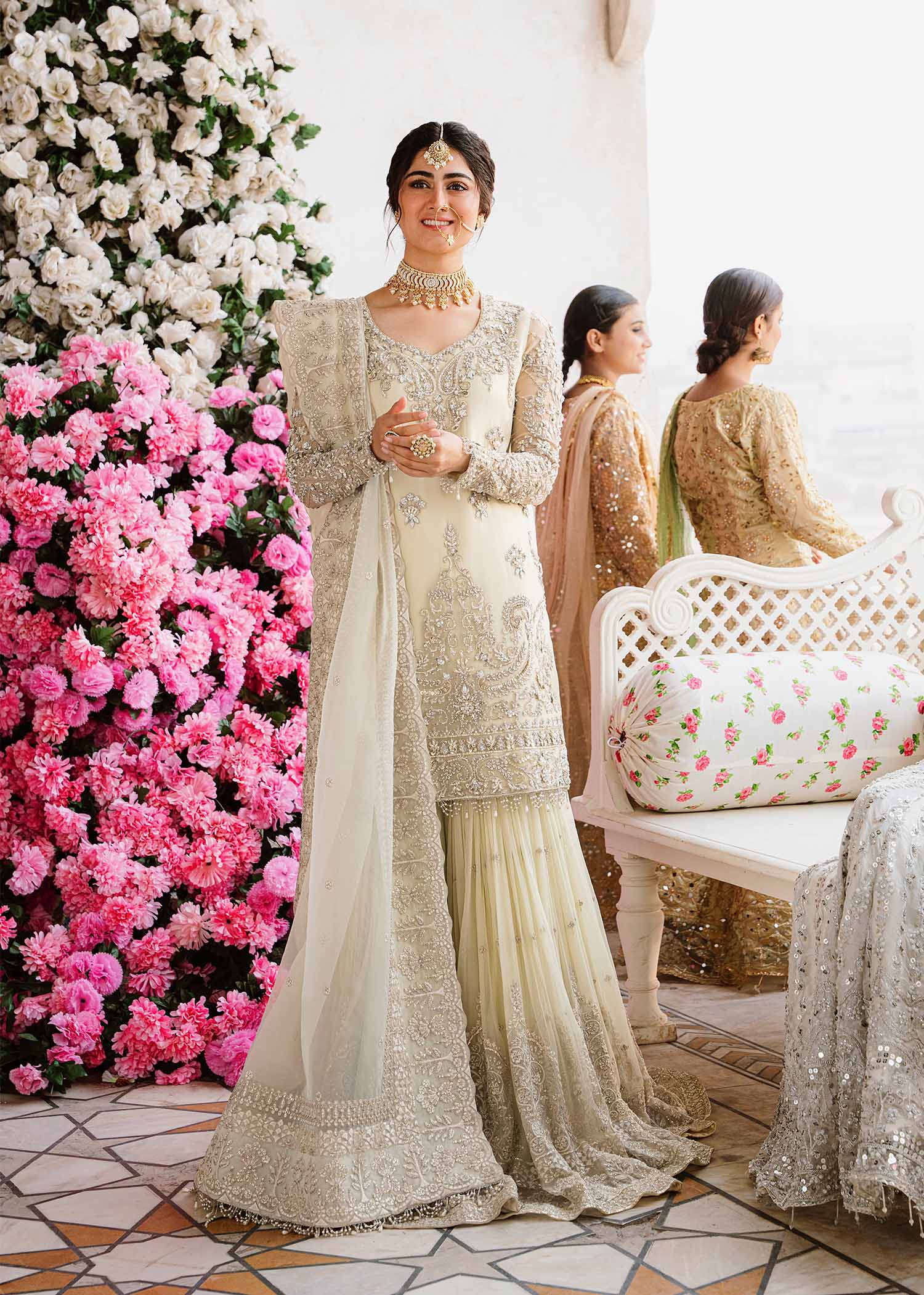 Ivory Hand-Embellished Chiffon & Organza Gharara (3-Piece) - Image 4