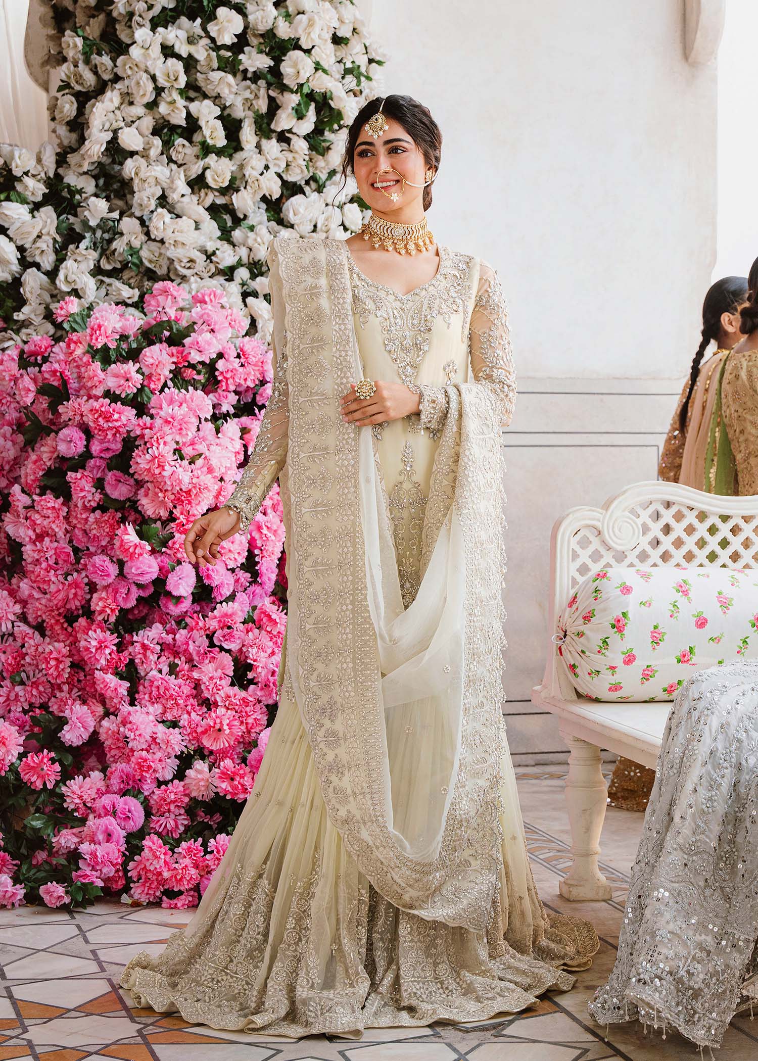 Ivory Hand-Embellished Chiffon & Organza Gharara (3-Piece) - Image 5