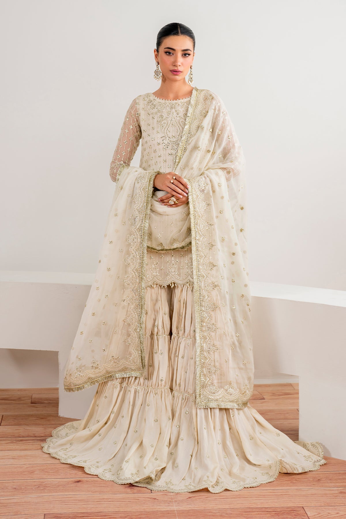 Pakistani Ivory Embroidered Chiffon Gharara Set (3-Piece) - Image 1