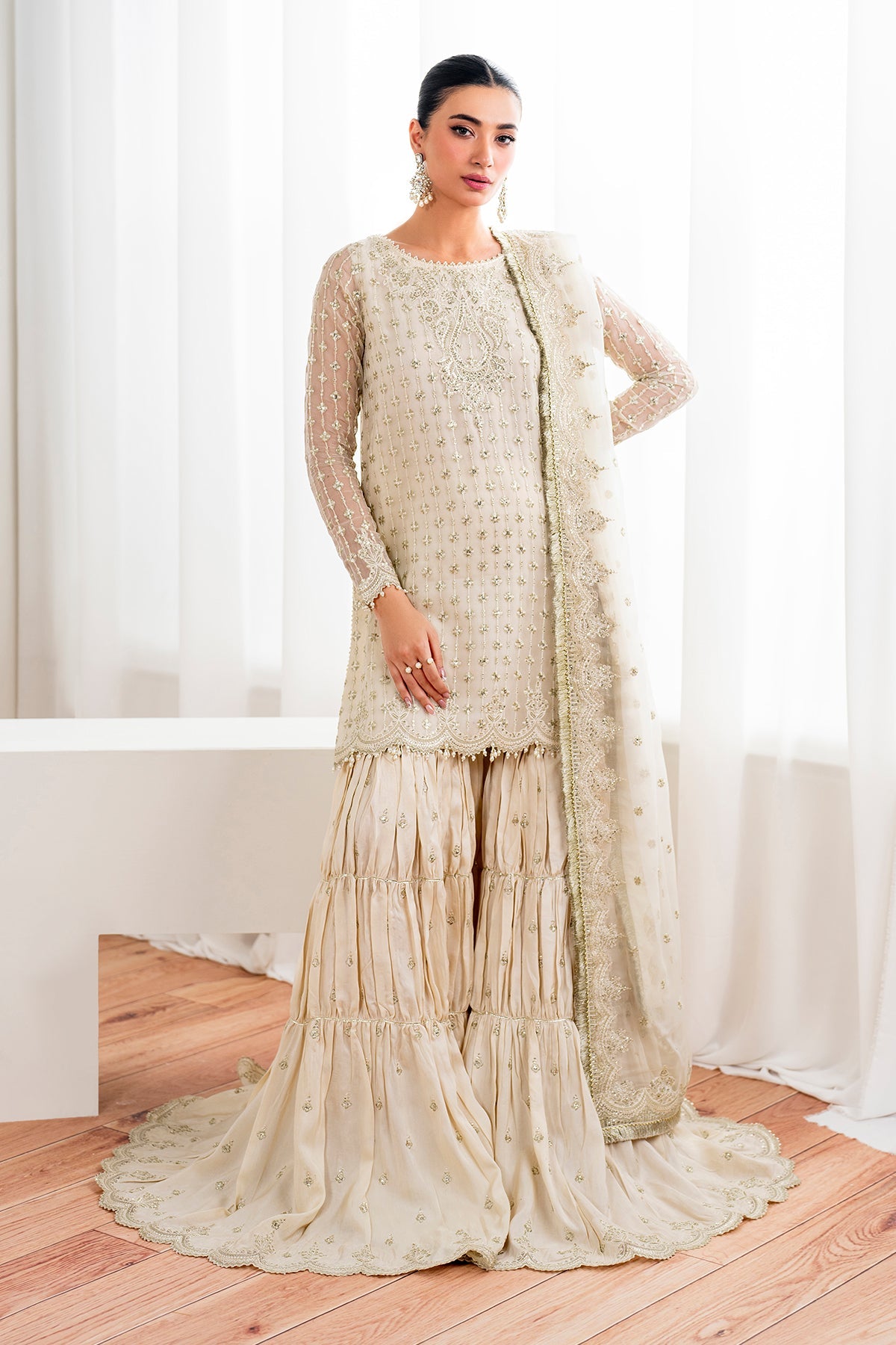Pakistani Ivory Embroidered Chiffon Gharara Set (3-Piece) - Image 2