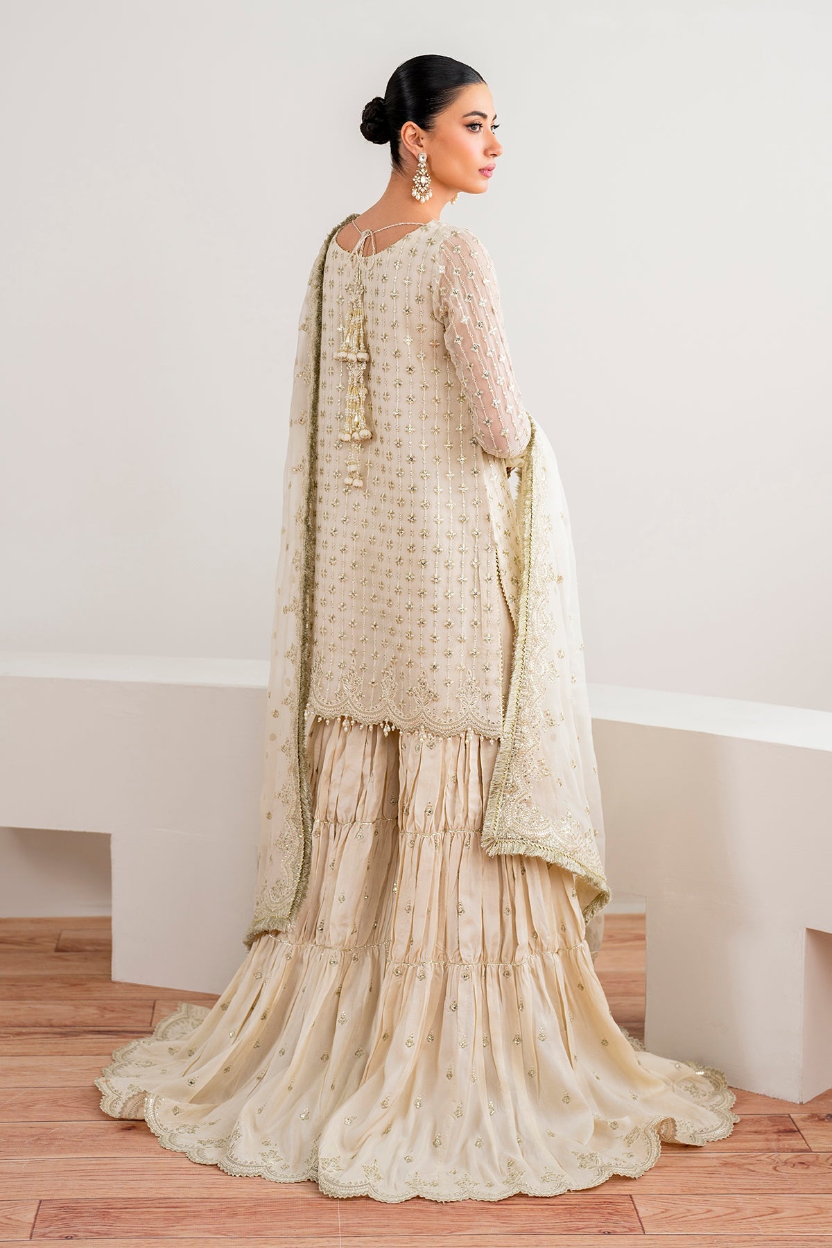 Pakistani Ivory Embroidered Chiffon Gharara Set (3-Piece) - Image 3