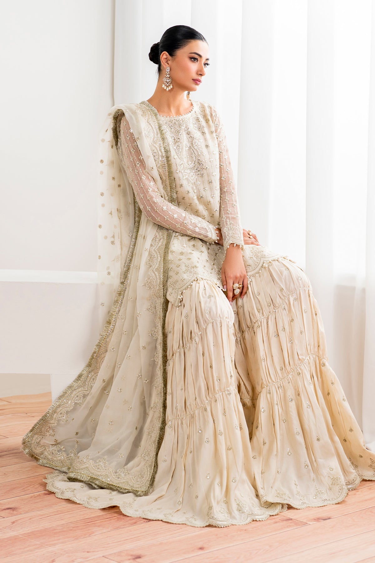 Pakistani Ivory Embroidered Chiffon Gharara Set (3-Piece) - Image 4
