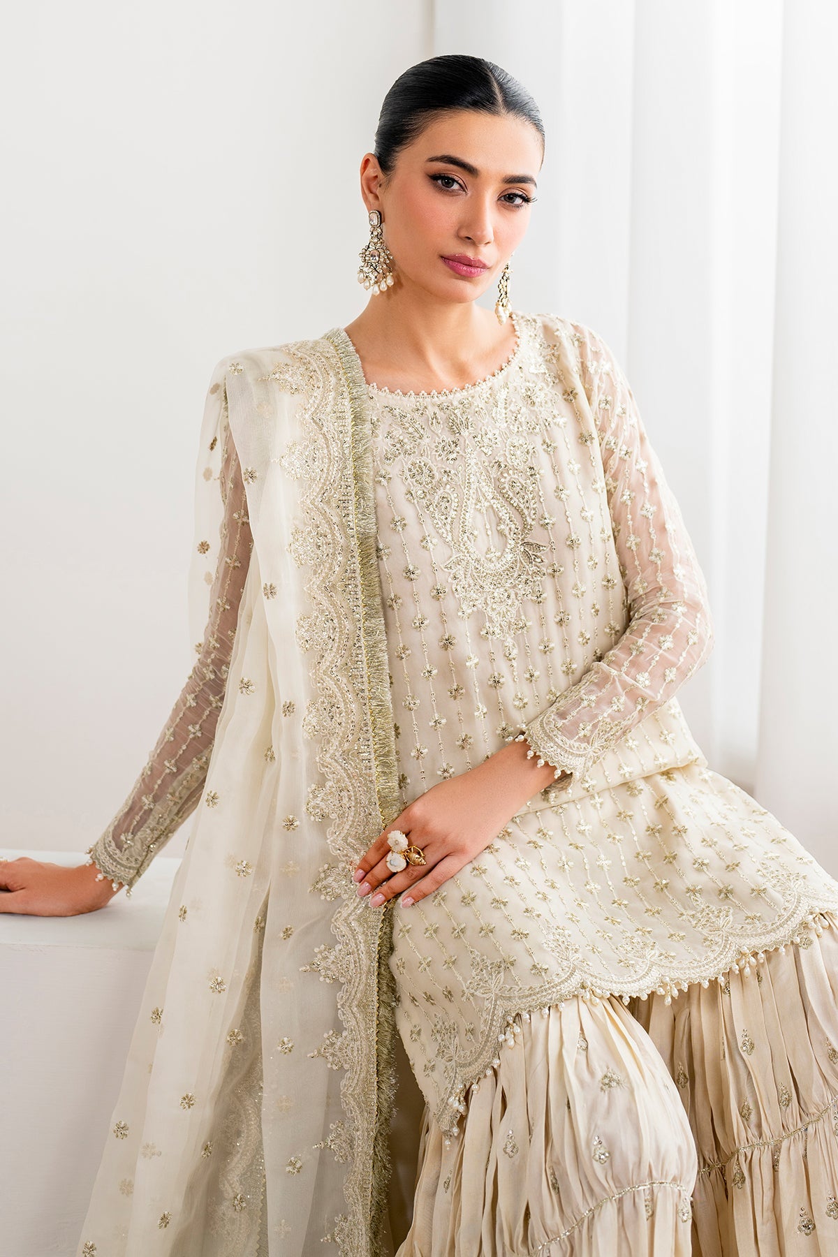 Pakistani Ivory Embroidered Chiffon Gharara Set (3-Piece) - Image 5