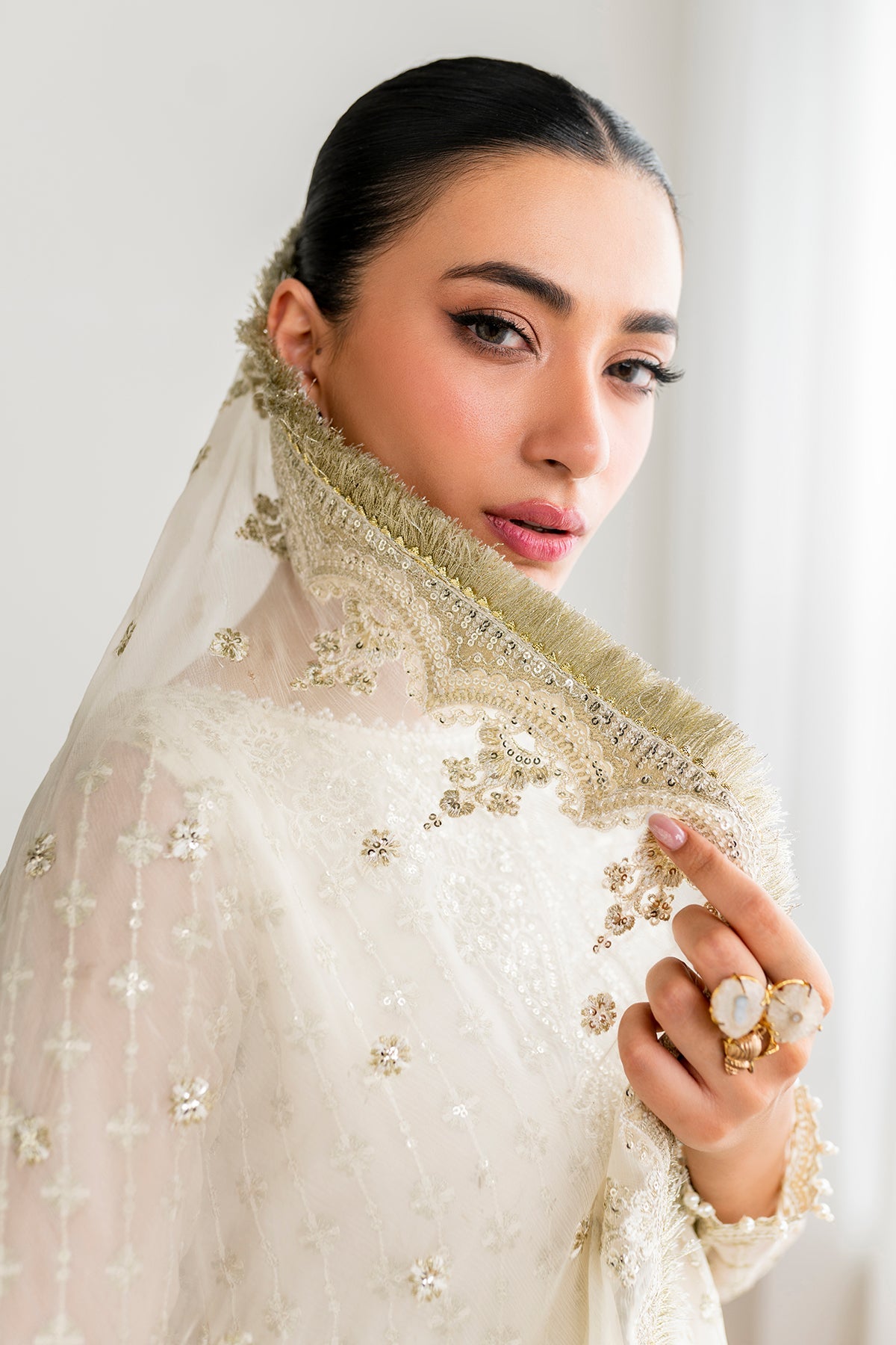 Pakistani Ivory Embroidered Chiffon Gharara Set (3-Piece) - Image 6