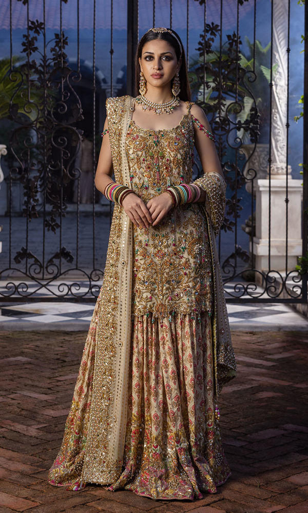 Pakistani Ivory Embellished Chiffon Gharara Set (3-Piece) - Image 2