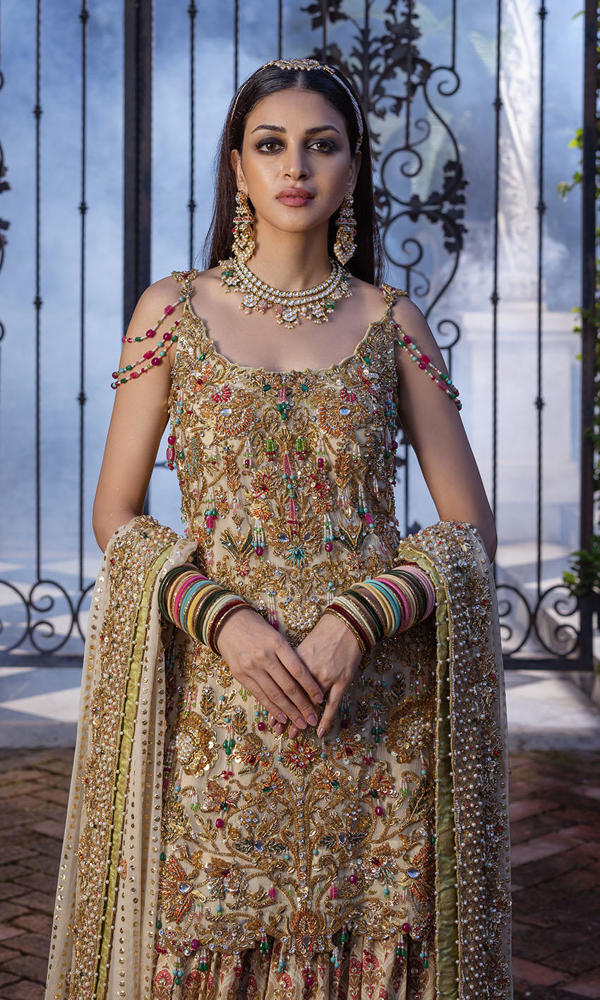 Pakistani Ivory Embellished Chiffon Gharara Set (3-Piece) - Image 3