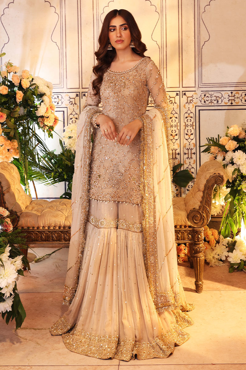 Pakistani Off-White Zardozi Chiffon Gharara Set (3-Piece) - Image 1