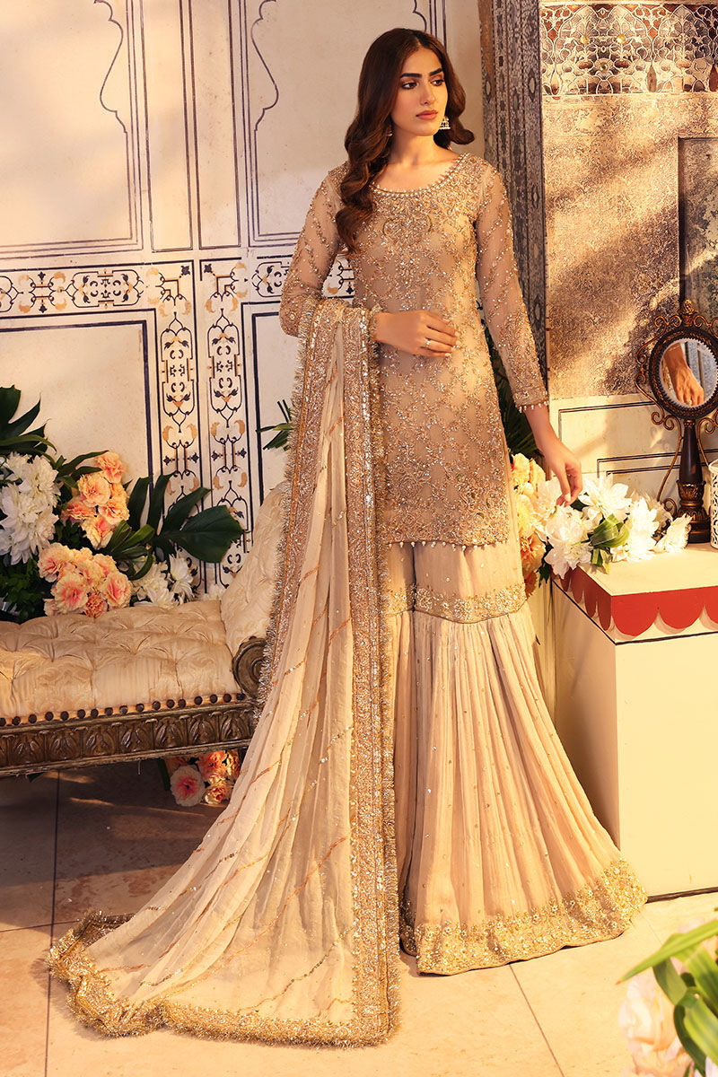 Pakistani Off-White Zardozi Chiffon Gharara Set (3-Piece) - Image 2