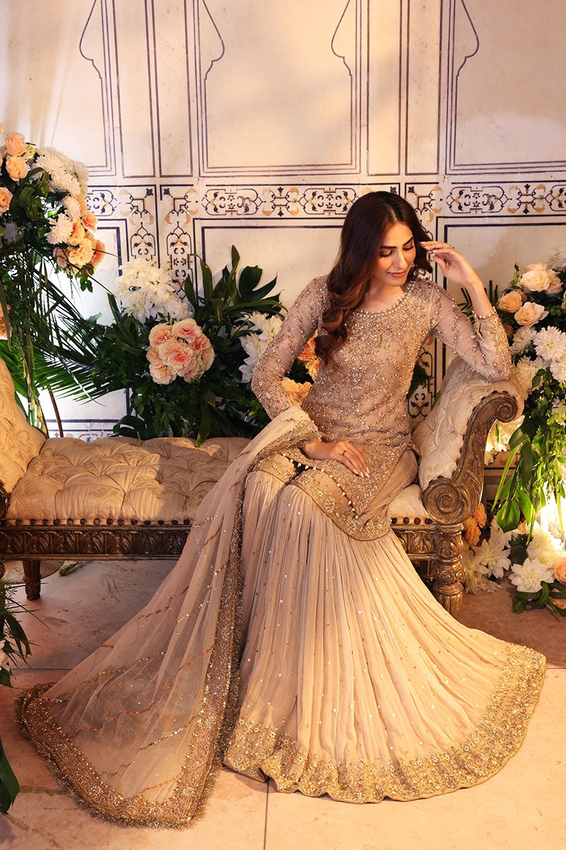 Pakistani Off-White Zardozi Chiffon Gharara Set (3-Piece) - Image 5